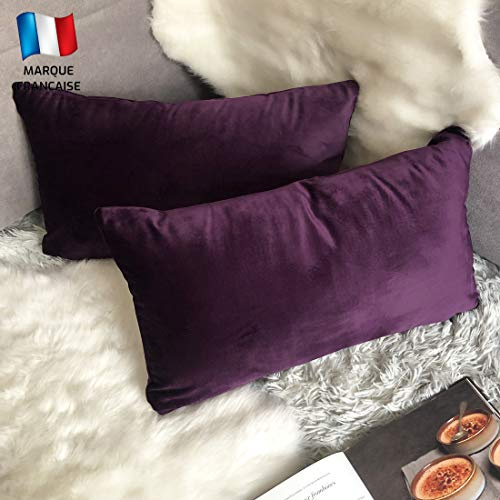 Douceur De Plumes 2er Set Aubergine Purple Samt Kissenbezug 30x50 cm Einfacher, weicher und moderner rechteckiger lila Kissenbezug für skandinavisches Wohnzimmer, Sofa (2 Auberginen)