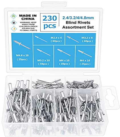 Gueenky 230 Pezzi Rivetti Alluminio, 2,4/3,2/4/4,8 mm Rivetti pop Rivetti Ciechi, 6 Dimensioni Set di Rivetti a Strappo per Metallo Legno Plastica, con Scatola di Immagazzinaggio
