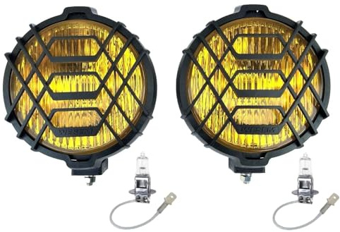 MelTruck® 2x Gelb Rund H3 Halogen Nebelscheinwerfer mit Schutzgitter 12V 24V mit Glühbirnen 24V