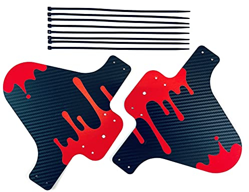 INION - 2 x Stück Mud Guard ROT/SCHWARZ Schutzblech Carbon Look Spritzschutz MTB Kotflügel für Vorne und Hinten inkl. 8X Kabelbinder