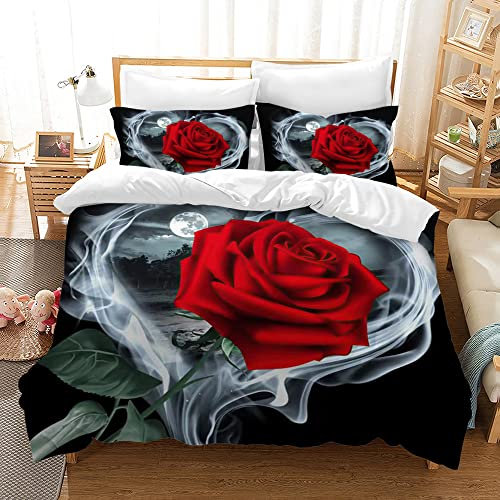 Hoimlm Rot Rose Bettwäsche,Erwachsene Kinder Bettbezug,3D Microfaser Bettwäsche mit kopfkissenbezüge,Rose Bettbezug für Schlafzimmer, weiche bequemer (Rose in Herzform, 200x200cm)