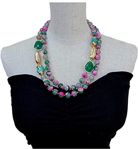 TYUTYU 2 Fili Fucsia Verde sfaccettato Agata Bianca Biwa Pearl Crystal Turquoise Collana Girocollo