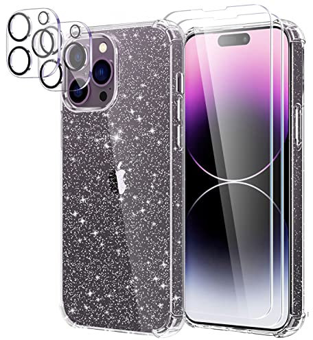 YIRSUR Glitter Case Compatible with iPhone 14 Pro with 2 Pack Screen Protector and 2 Pack Camera Lens Protector, Glitter Air Cushion Soft TPU Bumper Anti-Scratch Shockproof Sparkly Cover