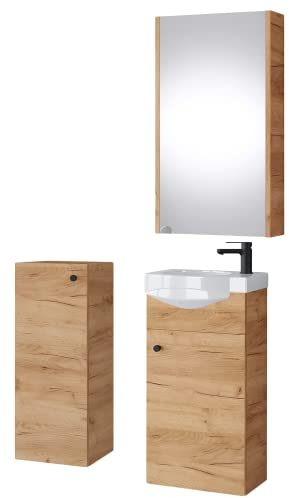 Planetmöbel Badmöbel Set Waschtisch mit Unterschrank 40 x 60 x 29 cm mit Spiegelschrank 40 cm & Midischrank für Badezimmer, Gäste WC & Bad, Gold Eiche