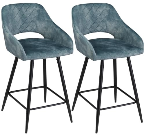 HOMCOM Bar Stools Set of 2 Velvet-Touch Fabric Counter Height Blue | Bar Chairs, Kitchen Stools, Steel Legs, Dining Area, Kitchen Island Barstools