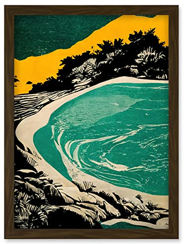 Wee Blue Coo Beach Lagoon Abstract Marbled Seascape Mustard Teal Artwork Framed Wall Art Print A4