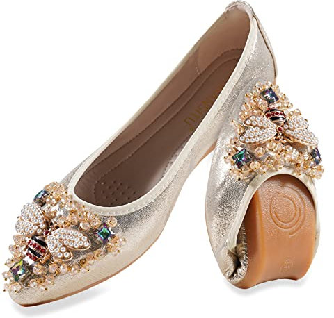 MACHSWON Womens Fold up Pumps Roll up Shoes Foldable Ballet Flats with Sparkly Rhinestone, Portable Ladies Slip On Loafers(Gold-4, Size 8.5)