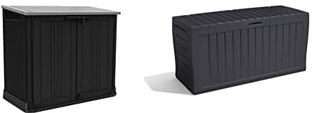 Keter Store it Out Nova Outdoor Garden Storage Shed, 132 x 71.5 x 113.5 cm, Dark Grey with Light Grey Lid & Marvel+ 270L Outdoor Garden Storage Box Garden Furniture - Graphite Grey