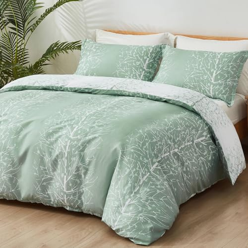 Fondream Green Leaves Duvet Cover King Botanical Reversible Bedding Set Soft Microfiber Bedding Cover with Pillow Cases (King,3Pcs)