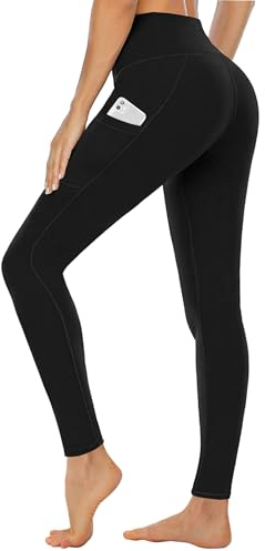 CAMPSNAIL Leggings for Women UK with Pockets High Waisted Ladies Black Sport Stretchy Gym Trousers Running Soft Tummy Control Yoga Pants Workout Hiking(Black,L/XL)