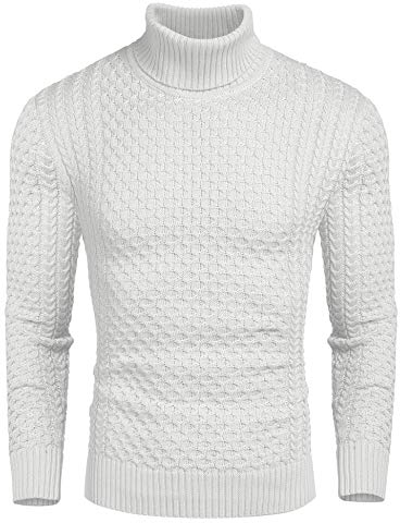 COOFANDY Mens Turtleneck Sweater Roll Neck Jumper Winter Jumper Sweatshirts Sweater Turtle Neck Tops Thick Sweater Warm Knitted Twisted Pullover Solid Sweaters White XXL