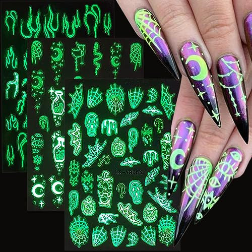 Nagelsticker Halloween, 3D Halloween Nagelsticker Selbstklebend, Nagelaufkleber Halloween Kürbis Fledermaus Geister Spinnennetz Skelett Nageldesign DIY Halloween Nail Art Stickers (5Blatt)