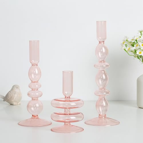 Pink Glass Rosa Kerzenhalter Glas Kerzenständer Stabkerzen: Hewory 3er Stabkerzenhalter Glas Rosa Deko Bunt Kerzenhalter für Stabkerzen Kerzenständer Glas Kerzenleuchter für Deko Wohnzimmer