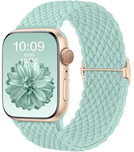CeMiKa Geflochtenes Armband Kompatibel mit Apple Watch Armband 41mm 40mm 38mm 42mm für Damen Herren, Elastisches Solo Loop Nylon Armband für iWatch Series 10 9 8 7 6 5 4 3 2 1 SE Ultra 2 1, BlauGrün