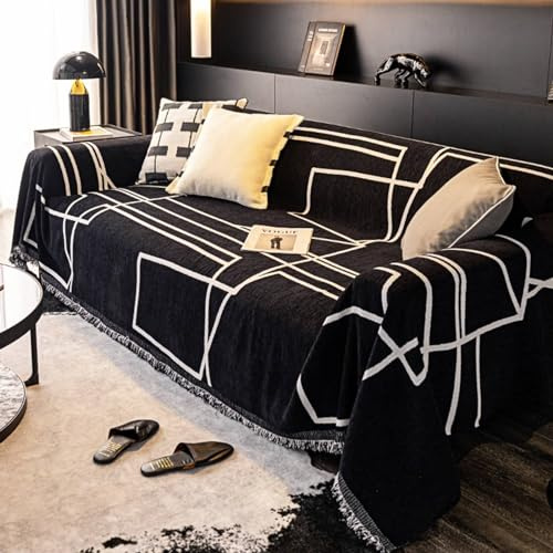 Mesnt Sofabezug 4 Sitzer Big Sofa, Schwarz Weiß Couchschutz für Haustiere mit Geometrische Linien mit Fransen aus Chenille, 180x380cm