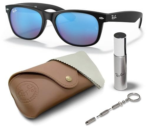 Ray-Ban RB2132 New Wayfarer Flash SONNENBRILLEN-SET | Exklusiv-Etui und Care-Kit | Matte Black/Blue Flash