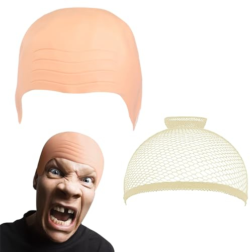 Abnaok Glatze Perücke, Latex Kahle Kappe, Erwachsene Makeup Glatze Perücke Kappe Beige Kostüm Zubehör, Halloween Latex Glatze Perücke Kostüm Dickes Glatzkopf Perücke Set