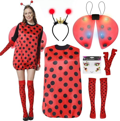 FORMIZON Marienkäfer Kostüm Damen, Große Größen Ladybug Kostüm, Rot Marienkäferkostüm mit Glühende Flügel und Haarbänder, Faschingskostüme Damen Marienkäfer für Karneval Dress Up Party Cosplay