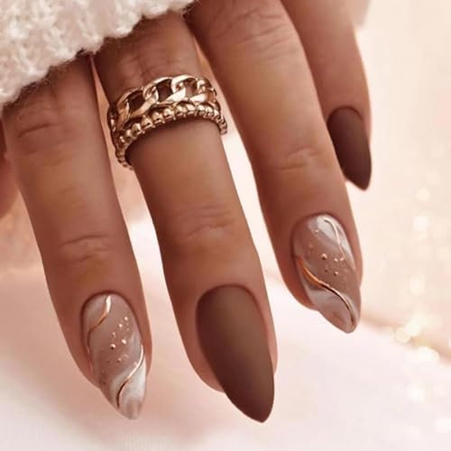 Agasar 24pcs Short Almond Swirl Matte False Nails Brown Press On Nails Full Cover Fake Nails Women Brides Nail Art Accessories