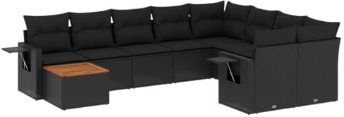 vidaXL Garten Sofagarnitur mit Kissen 10-TLG., Gartenmöbel Gartengarnitur, Sitzgruppe Sitzgarnitur, Lounge Sofa Garnitur Terrasse, Schwarz Poly Rattan