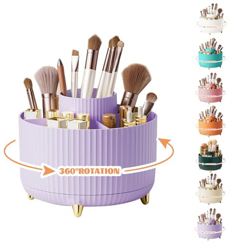 360° Drehbar Make up Organizer, Pinselhalter Kosmetik Aufbewahrung mit 5 Fächern, Aesthetic Schminktisch Organizers für Zimmer Decor Frisiertisch, Schlafzimmer,Badezimmer Organisation (Purple)