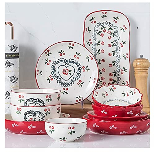 Set di stoviglie Set di piatti,Set di piatti in ceramica,Porcellana stile rustico da 35 | Set di ciotola per cereali e piatto da bistecca con motivo rosso per regali di nozze