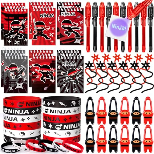 Tacobear Ninja Mitgebsel Kindergeburtstag 6 7 8 9 10 Jahre Give Aways Gastgeschenk mit UV Stift Notizbuch Silikon Armband Fingerschleuder Ninja Party Mitgebsel Pinata Füllung Kinder Jungen Mädchen