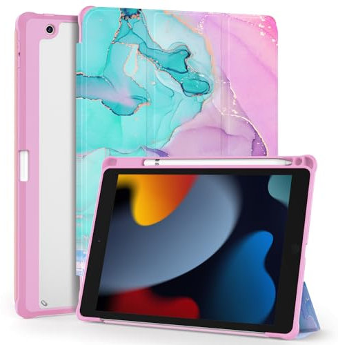 OKP for iPad 9th/ 8th/ 7th Generation Case (2021/2020/2019), iPad 10.2 inch Cases with Trifold Stand, Slim ipad 9/8/7 gen Cover with Pencil Holder for Women Men, Clear PC Back Shell, Marble Teal Pink