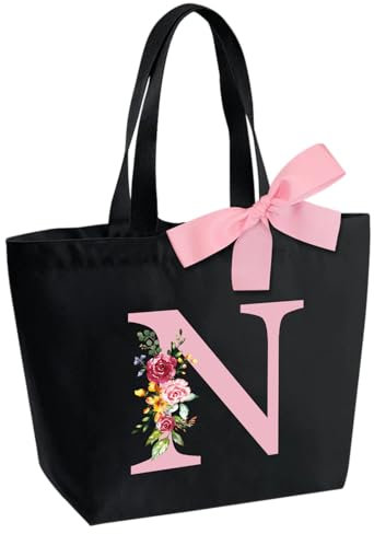 Personalisierte Initialen Tragetasche, Wasserdicht Handtasche Damen, Shopper Tasche Tote Bag mit Innentasche und Reißverschluss Weihnachten Geschenke für Frauen Mutter Freundin Braut Brautjungfern N
