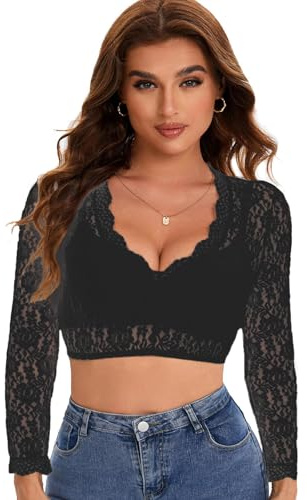 Adisno Dirndl Bluse Damen,Dirndlbluse,Dirndl Bluse,Elegante Langärmelige Dirndlbluse mit V-Ausschnitt (DE/NL/SE/PL, Numerisch, 42, Regular, Regular, Schwarz)