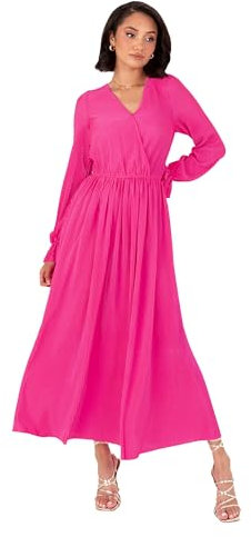 Lovedrobe Women's Midaxi Dress Ladies Wrap V-Neck Long Sleeve Ruffle Cuff A-Line Plissé Evening Occasion Wedding Guest Vestido, Rosa Fucsia, 50 para Mujer