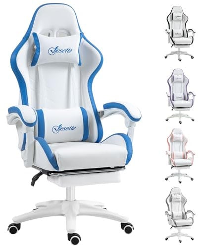 Vinsetto Computer Gaming Chair, PU Leather Office Desk Chair with Footrest, Swivel Wheels, 135° Reclining Back, Lumbar Support, Headrest for Home, White and Blue