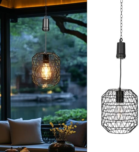 Livinlarge 6 Hours Timer Battery Operated Outdoor Hanging Light — Outdoor Indoor Pendant Chandelier Waterproof Porch Gazebo Patio Pendant Lantern Chandelier Lighting-Out Auto On/Off
