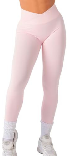 TAYOEA Sport Leggings Damen V Cross Stretch Push Up Yoga Leggings Scrunch Butt Fitness Leggings High Waist Seamless Workout Sportleggins Booty Lifting Elastisch Yoga Gym Hosen Rosa,M