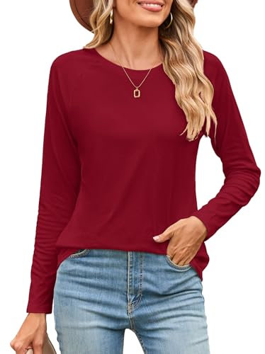 Beluring T Shirt Damen Herbst Langarm Oberteile Elegant Rundhals Einfarbig Bluse Weinrot XL