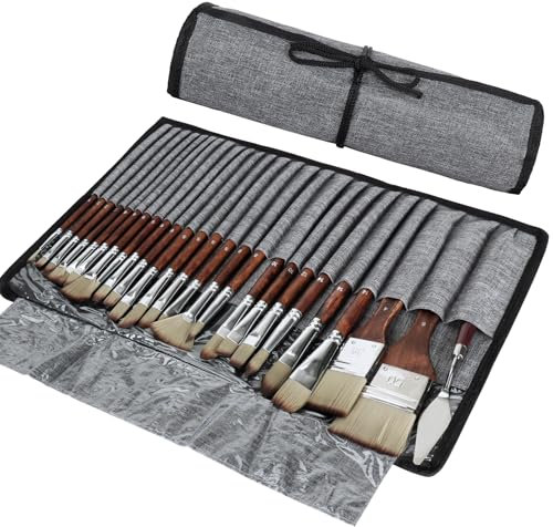 KIMIGO Pinceaux Peinture Acrylique,Pinceaux Aquarelle pour Acrylique, Aquarelle,Huile et Gouache – Ensemble de 25 Pinceaux Artiste avec Poils en Nylon,Sac de Rangement et Couteau à Palette