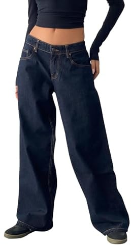 LYSINK Women Wide Leg Jeans Loose High Waisted Straight with Pockets Pants Summer Spring Casual Denim Long Trouser (Bb Dark Blue, S)