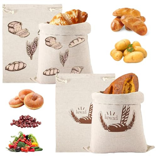 UZSUZZ Set di 4 Sacchetti per Pane in Lino, 30x40 cm,Ecologici,Riutilizzabili con Chiusura a Corda,Ideali per Pane,Pasticcini,Frutta e Verdura,Lavabili in Lavatrice,Perfetto Regalo per Fornai e Casa