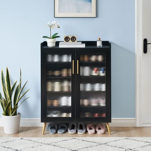 Zapatero con puertas de cristal, organizador de zapatos de 5 estantes negro | para la entrada, con gran capacidad y estantes ajustables, ideal para el pasillo o el salón,
