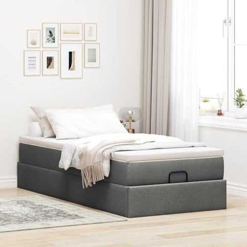 IKAYAA Boxspringbett 90 x 190 cm mit Bettkasten und Matratzentopper, Hydraulisch Stauraumbett, Polsterbett 90 x 190 cm, Einzelbett mit Matratze und Topper, Bett, Schlafzimmer Dunkelgrau Ty261