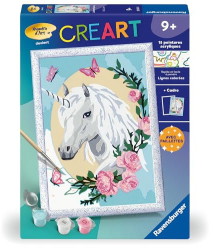 Ravensburger - CreArt Kids 18x24 cm - Numéro d'art - Licorne Fleurie - dès 9 Ans - Kit de Peinture par numéros - avec Effet Scintillant - 25834