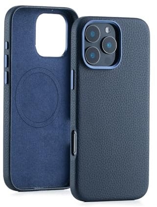 Seagtigau Genuine Leather Case for iPhone 16 Pro (6.3 inch), Stylish Litchi Leather case with Soft Fiber Lining, Lip Screen Protection, Compatible with MagSafe Blue