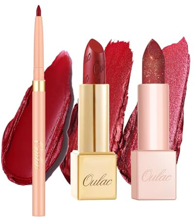 Oulac Roter Lippenstift und Lipliner Set, Mattes Metallic-Finish, Hochpigmentierte und Feuchtigkeitsspendende Formel, Glatt und Kornfrei, Vegan 3PCS