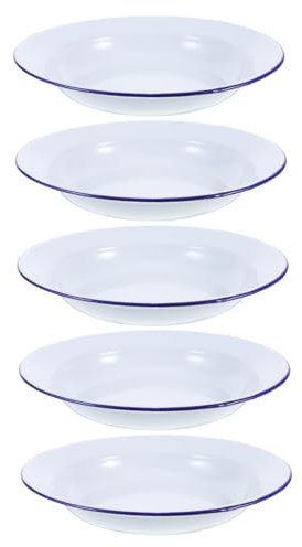 BUGUUYO 5pcs Vintage Enamel Round Plates Blue Rim for Hot Pot Snacks Serving Dishes Household Use