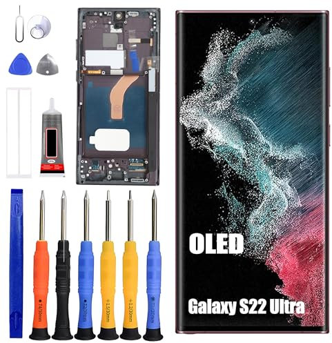 ERYNK Écran LCD pour Samsung Galaxy S22 Ultra SM-S908 [avec cadre] [avec empreintes digitales] [6,8 pouces] Écran tactile LCD numériseur avec kit d'outils