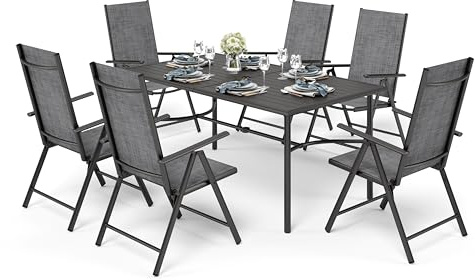 PHI VILLA Garden Dining Set Patio Table and Folding Grey Chairs Set 6 | Rustproof E-coating Table with 4cm Parasol Hole, 7-Position Adjustable Backs Reclining Chairs Grey
