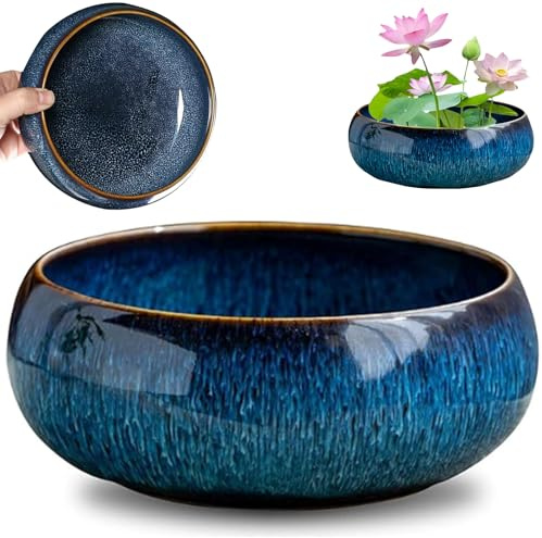 Lotuss Bowlss Planter, Ceramic Lotus Flower Bowl for Indoor Hydroponics, Lotus Bowls for Planting in Water Indoors, Elegant Glazed Lotus Bowl Planter (Blue-a)