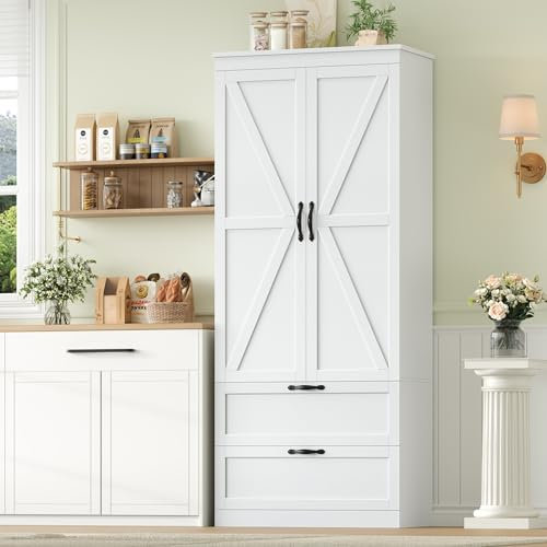 HOCSOK Kitchen Pantry Cupboard, Tall Storage Cabinet with 2 Barn Doors and 2 Drawers, Larder Cupboard with Adjustable Shelf, Free Standing Kitchen Units, White, Modern