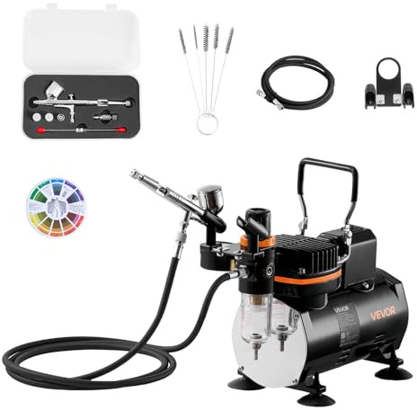 VEVOR Kit de Aerógrafo con Compresor de Aire 1/6 HP, Aerógrafo de Doble Acción con 3 Boquillas, Manguera, Set de Limpieza, Kit de Pintura para Decoración de Tartas, Maquetas, Uñas, Coches, Lienzo