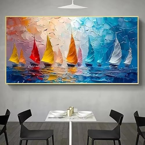 BMGKYAGL Impression sur toile moderne représentant un voilier avec vue sur la mer, peinture à l'huile grand format, décoration d'intérieur (50 x 100 cm, cadre intérieur)